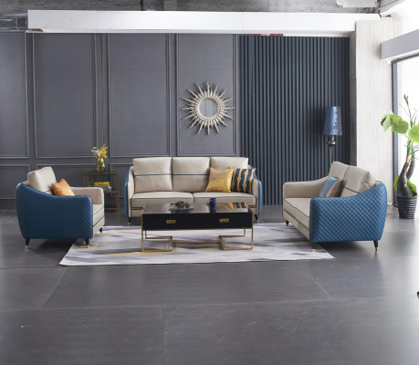 Blau-Beige Sofagarnitur 3+2 Ledersitzer Set Design Polstercouchen Deko Möbel