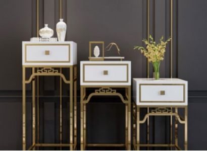 Ständer Konsolen Tisch Säule Design Regal – Holz mit Edelstahl Hochglanz