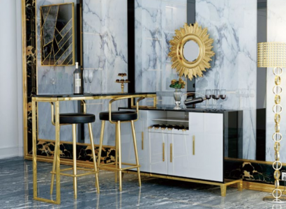 Luxus Edelstahl Glas Haus Bar 4 tlg. Garnitur Bartisch 2x Barhocker Schrank