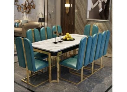 Edelstahl Marmor Imitation Tisch + 8 Lehn Stühle Ess Zimmer Gruppe