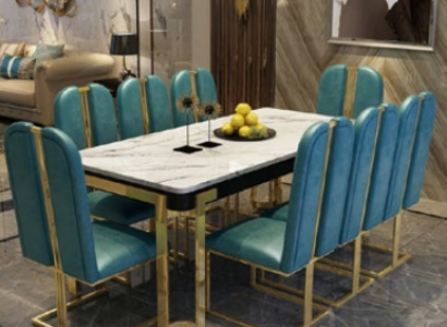 Edelstahl Marmor Imitation Tisch + 8 Lehn Stühle Ess Zimmer Gruppe