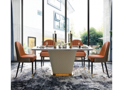Luxus Esstisch Leder + Edelstahl Marmor Imitation Stein Tisch Esszimmer