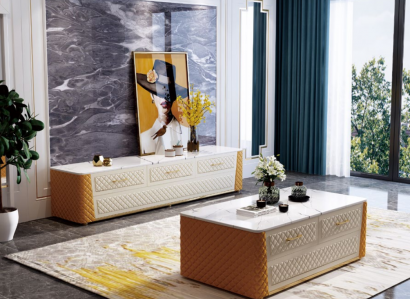 Ovaler Couchtisch Design Wohnzimmer Tisch Marmor Imitation Leder