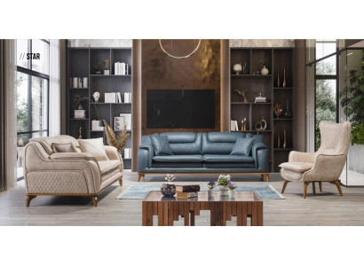 Sofagarnitur 3+3+1 Sitzer Blau Sessel Luxus Leder Sofa Couch Möbel Western Stil