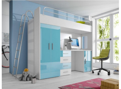 Blau Doppelstockbett Holz Etagen Bett Mädchen Hochglanz mit Schreibtisch Schrank