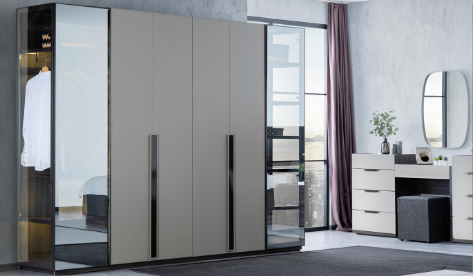 Schlafzimmer Bett Nachttische Kleiderschrank Kommode mit Spiegel Möbel Set 5tlg