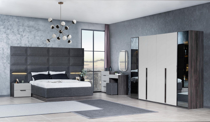 Schlafzimmer Bett Nachttisch Kleiderschrank Kommode mit Spiegel Möbel Holz Luxus