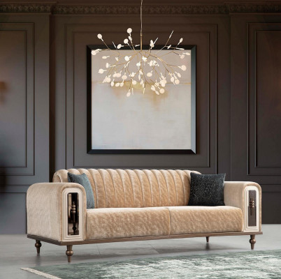 Luxus Bank Sofa Couch Beige Wohnzimmer Kanzlei Textil Sofas