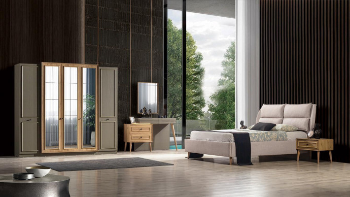 7tlg.Schlafzimmer set Bett + 2x Nachttischе+Kleiderschrank+Schminktisch+Spiegel