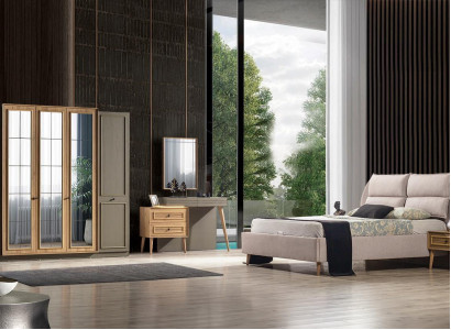 7tlg.Schlafzimmer set Bett + 2x Nachttischе+Kleiderschrank+Schminktisch+Spiegel