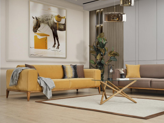 Dreisitzer Sofa 3 Sitzer Sofas Stoff Gelb Wohnzimmer Luxus Modern Sitz