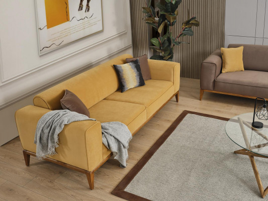 Dreisitzer Sofa 3 Sitzer Sofas Stoff Gelb Wohnzimmer Luxus Modern Sitz