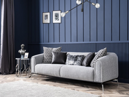 Modern Garnitur Sofa 3 Sitz Sessel Dreisitzer Stoff Grau Modern Polyester