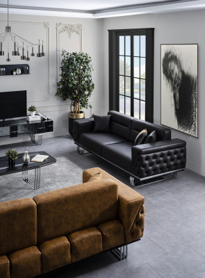 Dreisitzer Sofa 3 Sitzer Sofas Schwarz Kunstleder Wohnzimmer Luxus