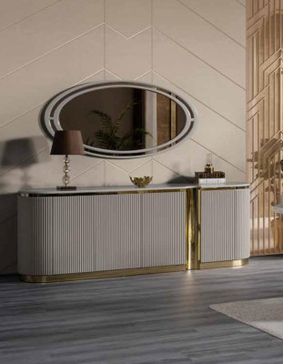 Ovales Sideboard xxl 220cm Kommode Schrank Kommoden Gold verziert Neu