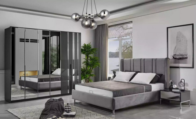 Schlafzimmer Bett 2x Nachttische Kleiderschrank Spiegel Design Luxus 6tlg