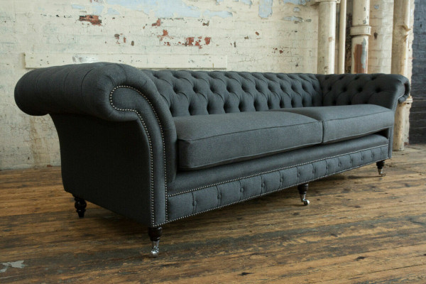 Original Chesterfield Textil Leder Sofa Couch Polster Big Sitzpolster Grau 265cm