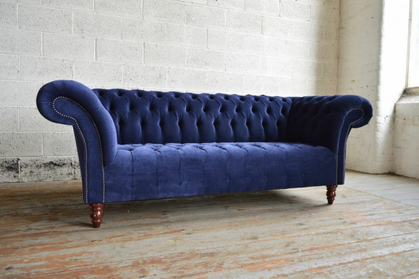 Blaue Chesterfield Sofa Couch Design Polster Sofas Couchen Stoff Textil Leder