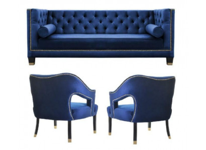 Luxus blaue Chesterfield Couchgarnitur  Sessel + Dreisitzer 3+1+1 Set