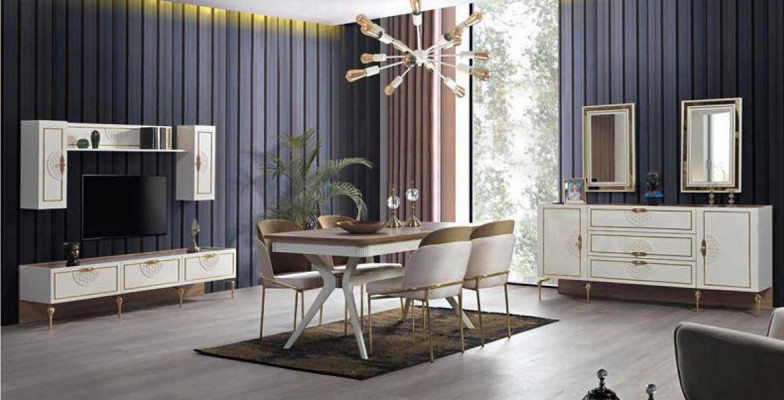 Esszimmer Garnitur Esstisch 4x Stuhl Kommode Gruppe Tisch 8tlg. Set