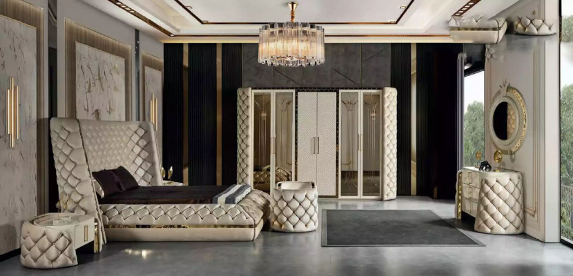 Schlafzimmer Set Chesterfield Möbel Design Bett Kleiderschrank Spiegel 7tlg.