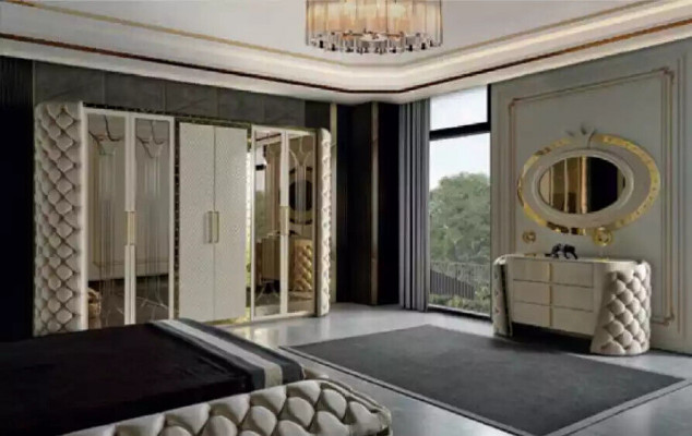 Schlafzimmer Set Chesterfield Möbel Design Bett Kleiderschrank Spiegel 7tlg.