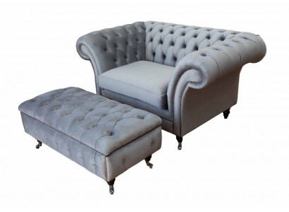 Chesterfield Ohrensessel Hocker Sessel Couch Polster Set Grau Textil
