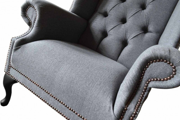 Ohrensessel Chesterfield Sofa Couch Polster 1 Sitzer Grau Sessel Textil