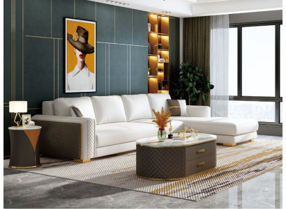 Italienische Stil Möbel 3tlg Set Ecksofa + Couchtische Sofa Tische Leder