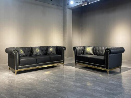 Schwarze Chesterfield Wohnzimmer Couchgarnitur Luxus Set 3+2 Sitzer 2tlg.