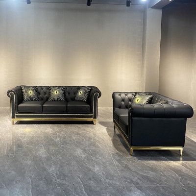 Schwarze Chesterfield Wohnzimmer Couchgarnitur Luxus Set 3+2 Sitzer 2tlg.