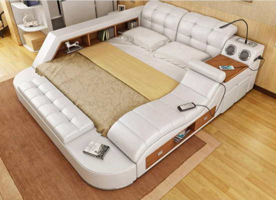 Doppel Luxus Leder Bett + USB Polster Betten Moderne Hotel Multifunktion Sofort