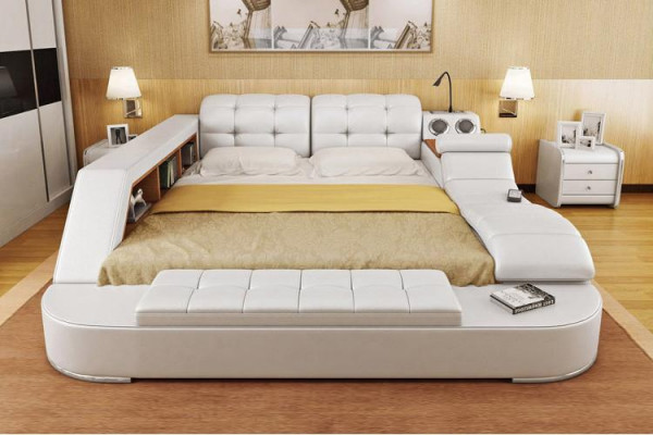 Doppel Luxus Leder Bett + USB Polster Betten Moderne Hotel Multifunktion Sofort