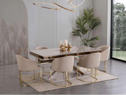 Säulen Tisch Essgruppe Tisch mit 6x Lehnstühlen Esszimmer Stühle 7tlg