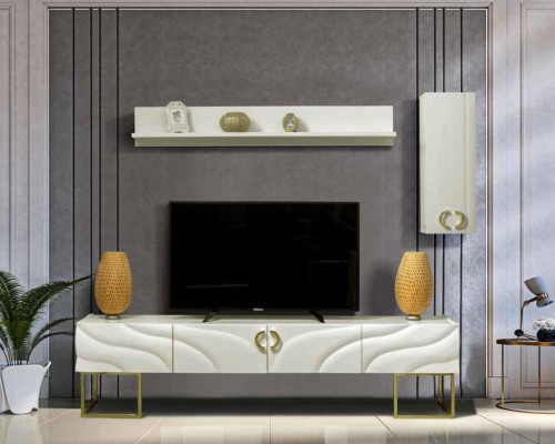 Wohnwand rtv Sideboard tv Ständer 220cm Lowboard Wohnwände Holz Weiß