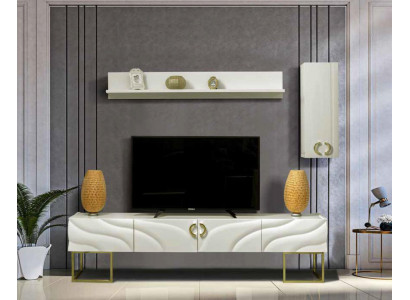 Wohnwand rtv Sideboard tv Ständer 220cm Lowboard Wohnwände Holz Weiß