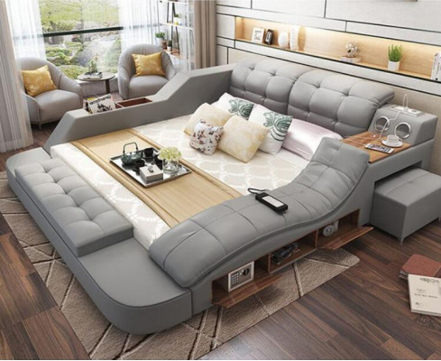 Multifunktion Design Bett XXL 180x200 Big Betten Leder Hotel Regal USB