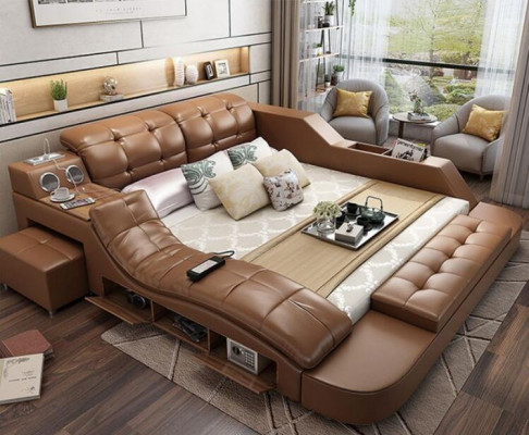 Multifunktion Design Bett XXL 180x200 Big Betten Leder Hotel Regal USB