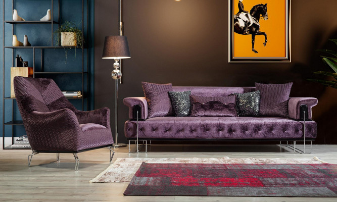 Lila Couch Sofa Garnitur 3+1 Sitz Chesterfield Wohnzimmer Polster