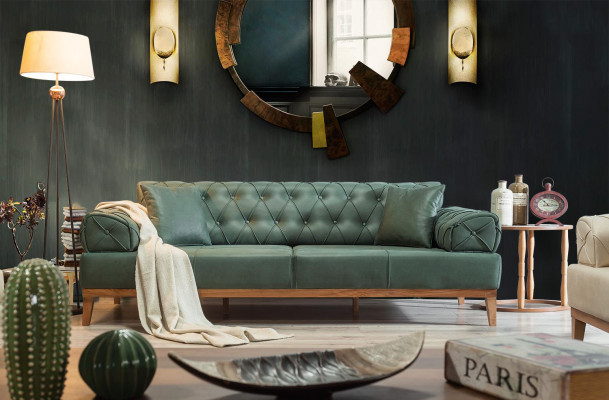 Chesterfield Sofa 3 Sitz Couchen Dreisitzer Grün Neu Textil Holz 220cm