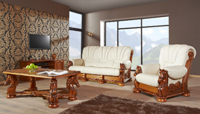 Wohnzimmer Sofagarnitur Couch Polster Sitz Sofa Leder Holz 3+2 Set