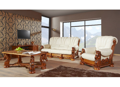 Wohnzimmer Sofagarnitur Couch Polster Sitz Sofa Leder Holz 3+2 Set