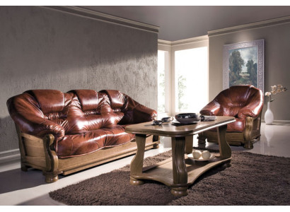 Klassische Sofagarnitur Couch Polster Sitz Garnitur Sofa Leder Holz 3+2+2 Set