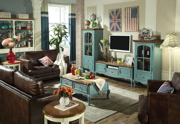 Landhaus Stil Wohnwand Wohnzimmer Vitrine Sideboard rtv Holz Schrank Möbel 3tlg.