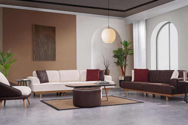 Stilvolle Braun-Weiße Sofagarnitur Wohnzimmer Sessel Couchtisch Hocker