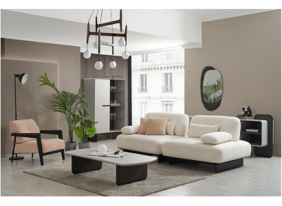 Elegantes Wohnzimmer Set Weißes Polstersofa Textil Sessel Couchtisch