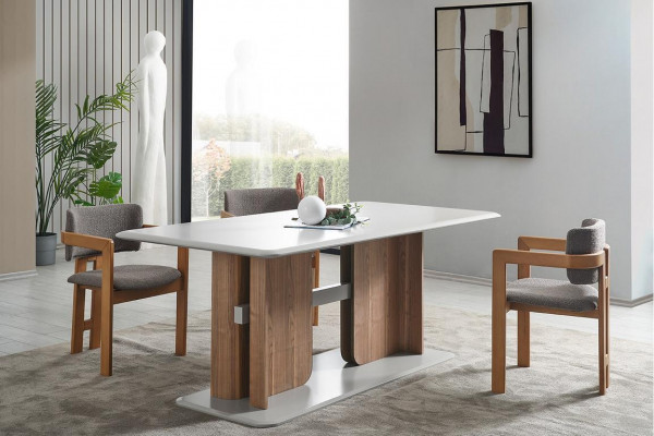 Komplettes Esszimmer Set Rechteckiger Weißer Esstisch 4x Polsterstühle