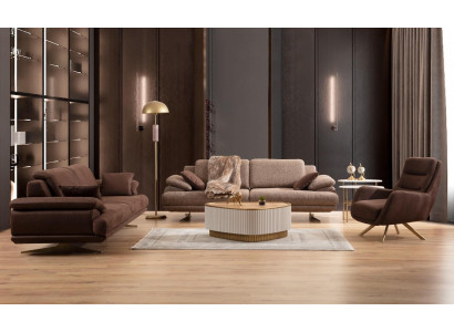 Beige-Braune Wohnzimmer Sofagarnitur 3 Sitzer Polstersessel Couchtisch