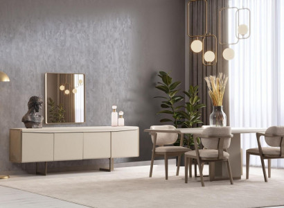 Beige Esszimmergarnitur Designer Esstisch Polsterstühle Luxus Anrichte