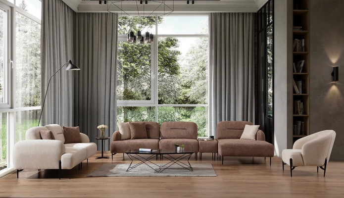 Moderne Braun-Weiße Sofagarnitur 3 Sitzer Stoffsessel L-Form Ecksofa